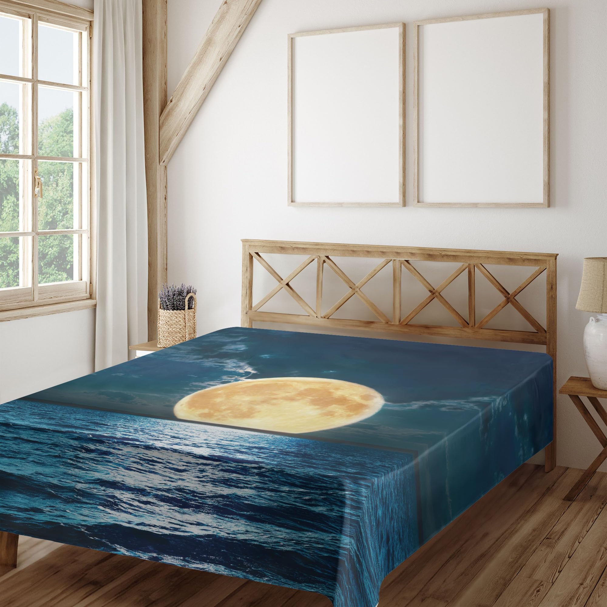 Ambesonne Ocean Flat Sheet, Super Moon Over Ocean Surface Midnight View Dreamy Mystic Picture Print, Soft Comfortable Top Sheet Decorative Bedding 1 Piece, California King, Yellow Navy
