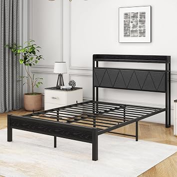 4ft6 Double Size Bed Frame with LED Lights Storage Upholstered Headboard and Charging Station, Solid Metal Platform Bed Double Size, No Box Spring Needed, Noise Free