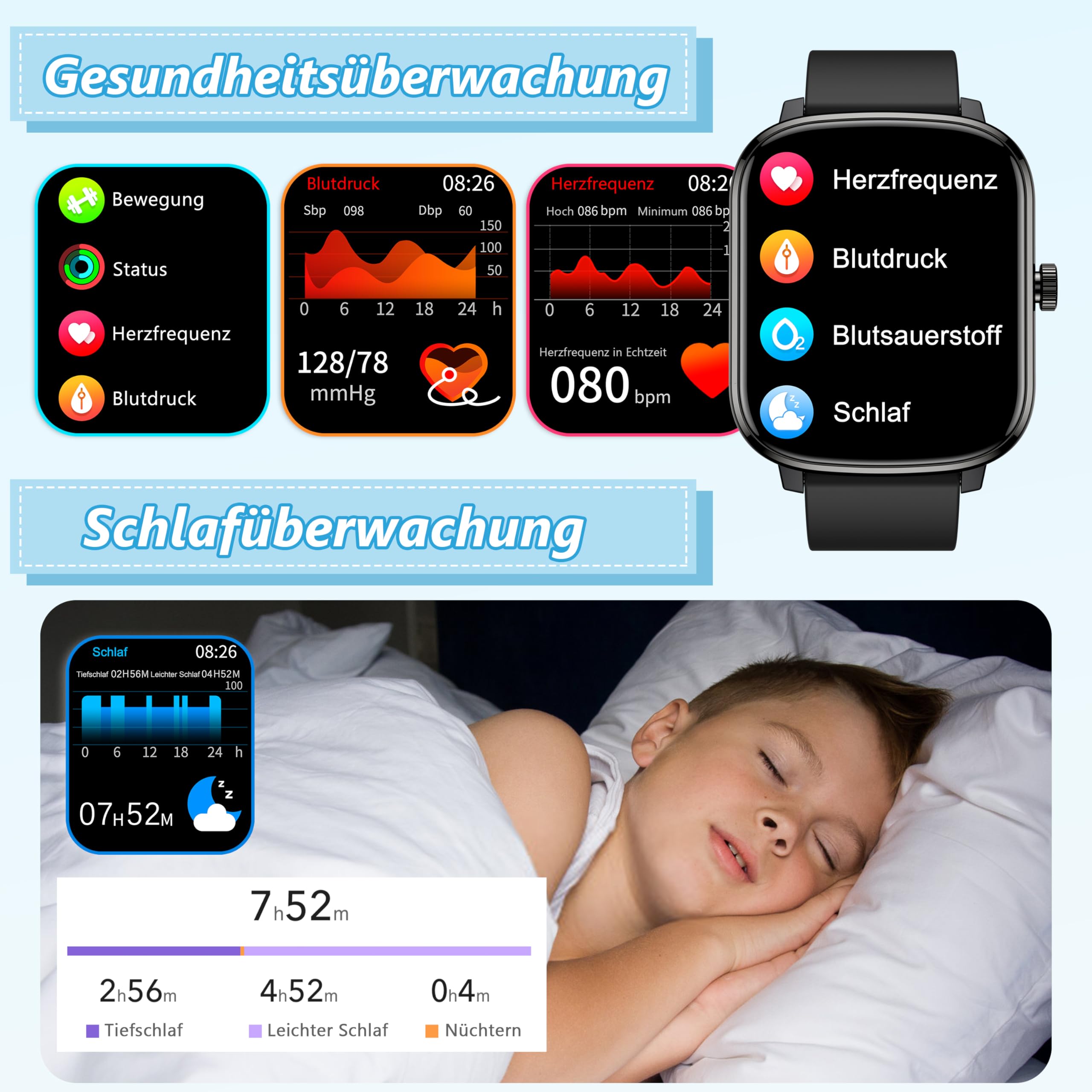 KALINCO Smartwatch für Kinder Jungen Herren, 110+ Sportmodus Schrittzähler, 1.69” Anrufbenachrichtigung/Nachrichtenalarm, Herzfrequenz/Blutdruck/Schlafüberwachung, Geschenkuhr für Android/iOS