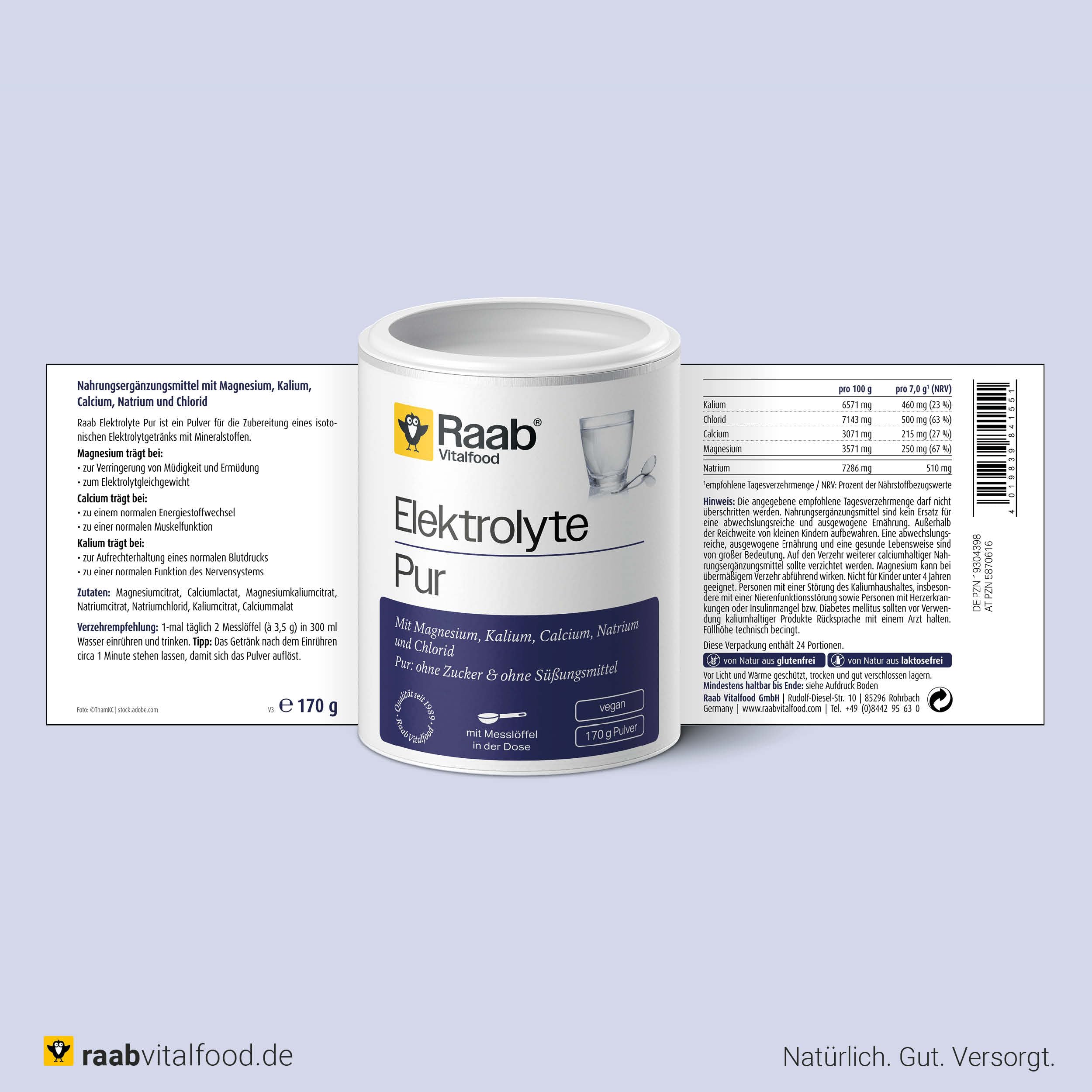 Raab Vitalfood Electrolitos Pur (170 g) - Electrolitos sin azúcar y sin edulcorantes, perfecto para deportistas en caso de pérdida de líquidos, vegano, con cuchara medidora, para músculos, nervios