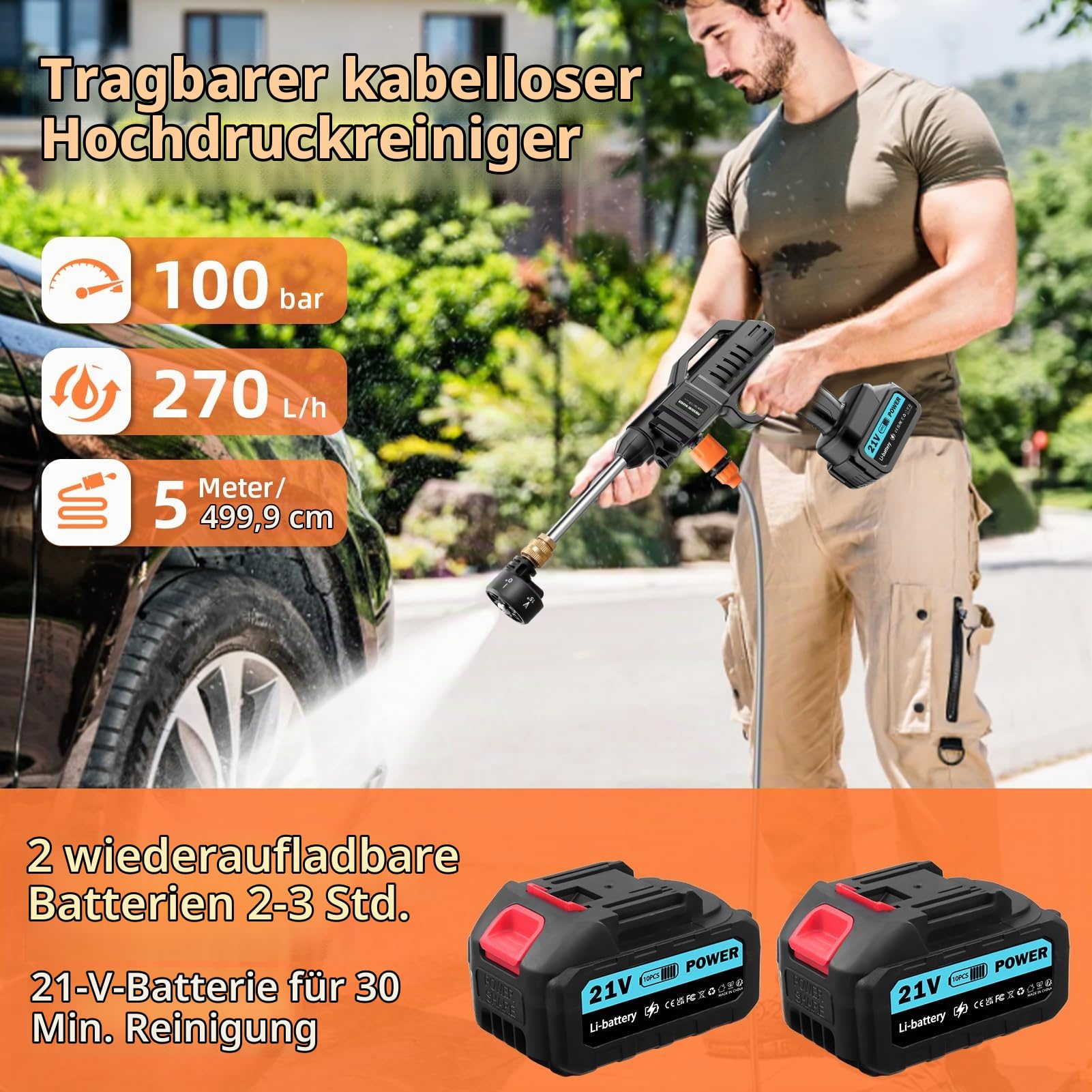 Akku Hochdruckreiniger 100 Bar 270 L/H | Tragbarer Pistole mit 2 x 3000mAh Akku | Waschpistole Mobiler 6-in-1 Verstellbare Düse und 5M Schlauch für Auto Boden