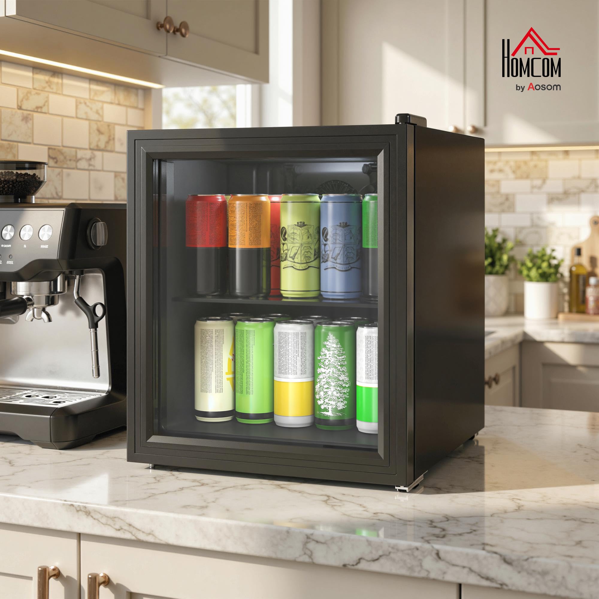 HOMCOM 46L 59 Cans Silent Freestanding Beverage Fridge Black | Mini Fridge Bedroom Double Tempered Glass Door Glass Shelf LED Lighting Touch Screen Desk Dorm Room
