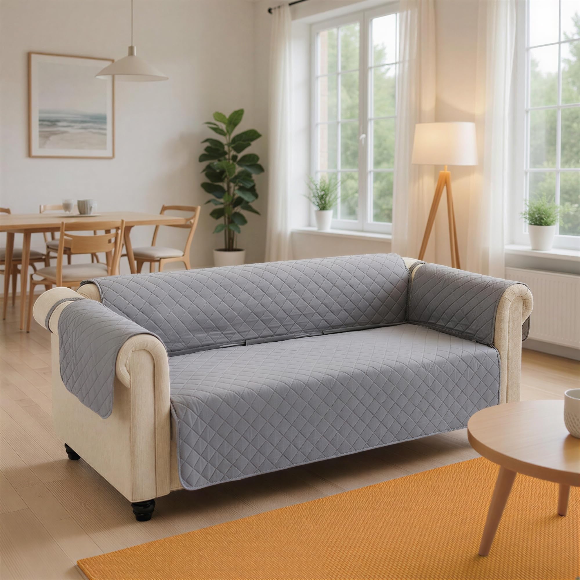 Amazon Basics Copridivano Impermeabile 3 Posti, Protezione Reversibile Lavabile per Divano, Grigio/Grigio Chiaro