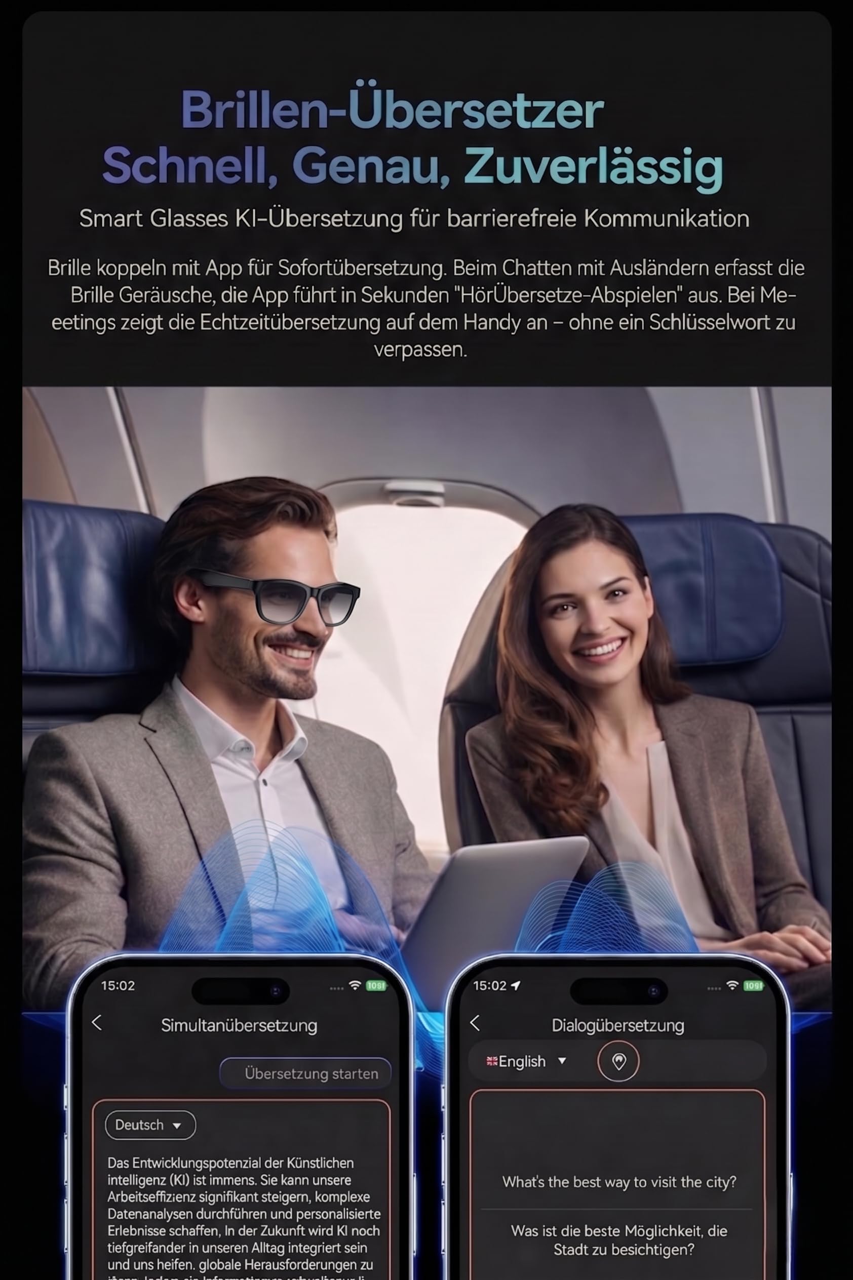 Smart Glasses con AI & Bluetooth, assistente vocale ChatGPT, protezione UV, Wi-Fi, traduzione in tempo reale in 89 lingue, fotocamera 2K, audio aperto, IP65 impermeabile, identificazione degli oggetti