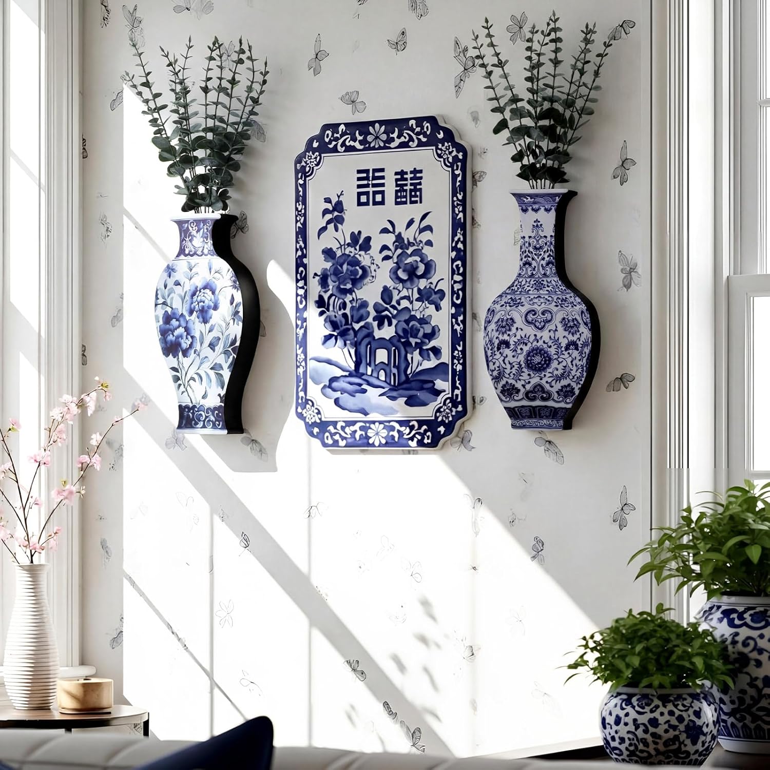 Blulu 2 Pack Wooden Wall Vase Set with Faux Eucalyptus Plants Blue and White Wooden Chinoiserie Wall Vase Modern Farmhouse Art Decor Hanging Planters for Home Office Tabletop