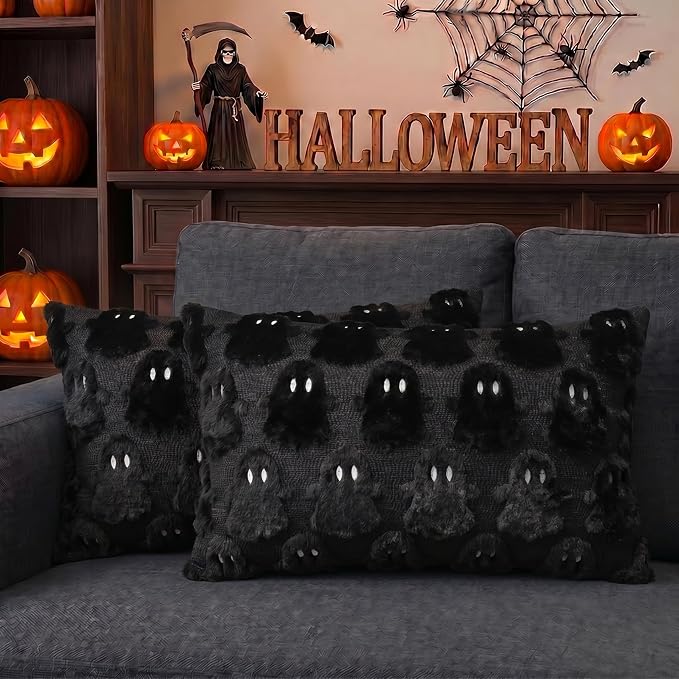 AVOIN colorlife Halloween Ghost Black Throw Pillow Cover Set of 2, 12 x 20 Inch Soft Plush Faux Fur Jacquard Spooky Cushion Case Decoration for Sofa Couch