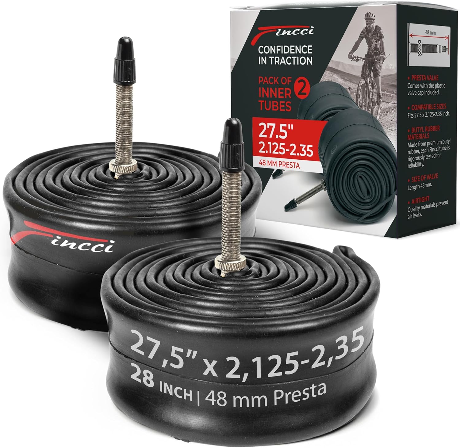 Fincci Fahrradschlauch 27,5 - Paar Fahrrad Schlauch 27.5 x 2.1 x 2.2 x 2.35 mit 48mm Presta Französisches Ventil für Mountainbike, E Bike, Rennrad Fahrrad, Klapprad - 2er Pack