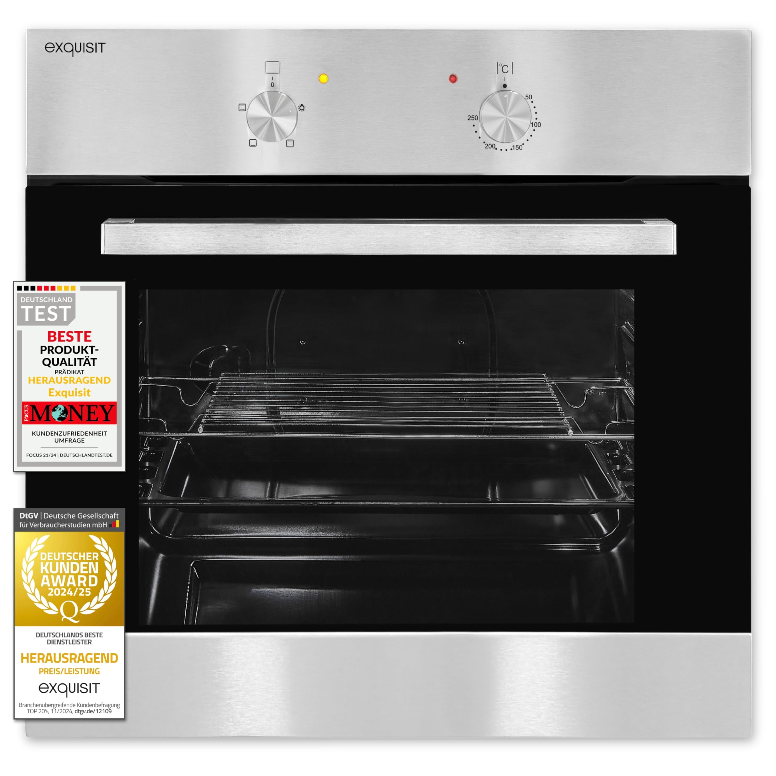 Exquisit Einbaubackofen | 62 l Garraum, Energieeffizienzklasse A, 2200 W Gesamtleistung | Ober- und Unterhitze, separate Oberhitze, Temperaturbereich 50–250 °C, Drehknopf-Bedienung | EBE 455-1.1