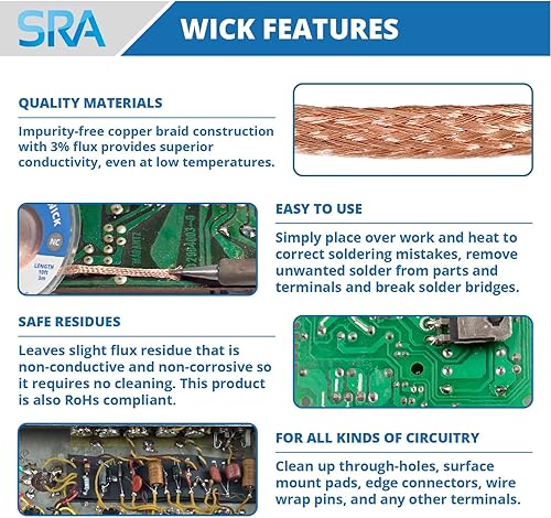 Miniatura 10 de SRA - Mecha de soldadura con tira de trenzado de cobre tejido plano y sin flujo limpio para una fácil extracción de soldadura sin daños, paquete
