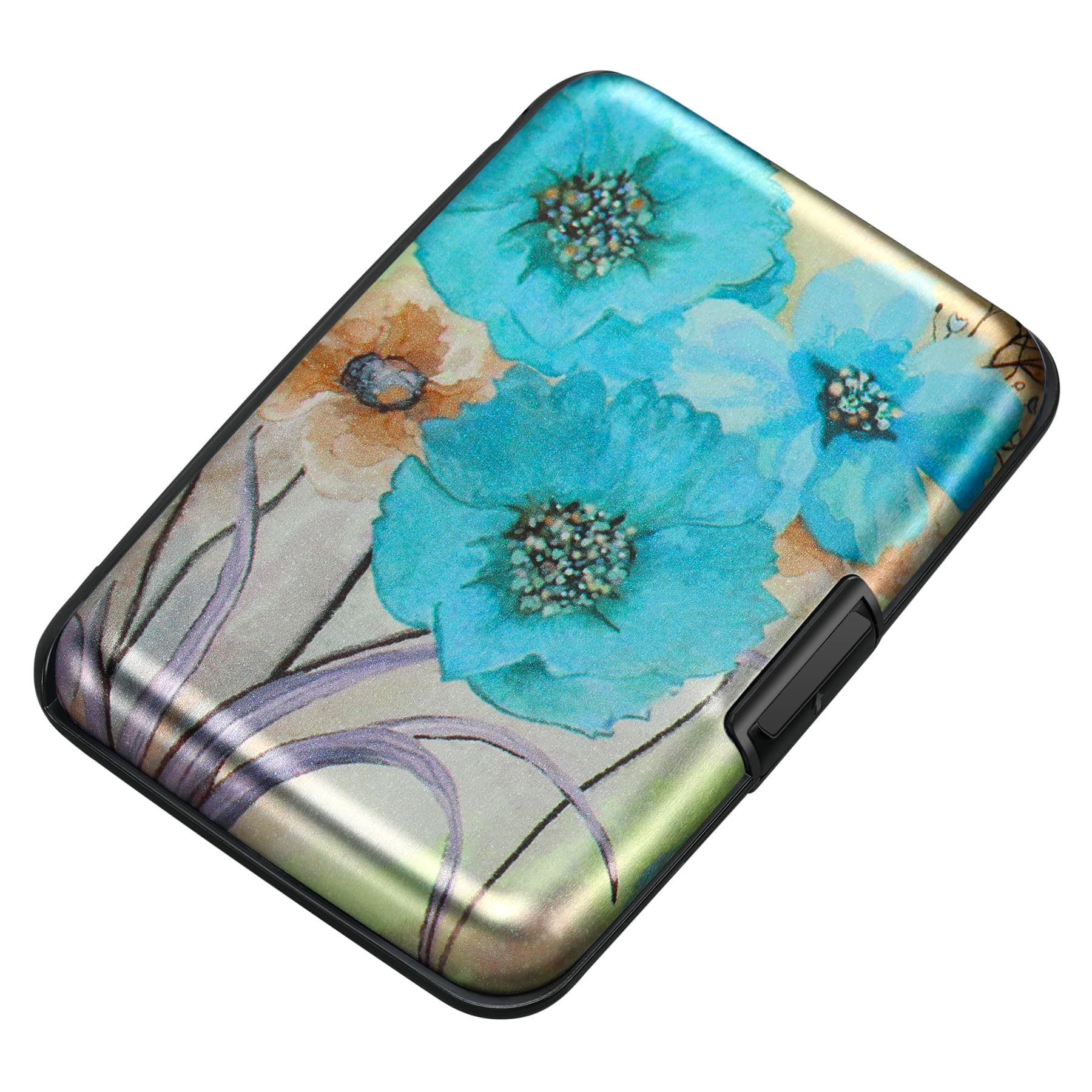 ELFISH - Mini portafoglio in alluminio con blocco RFID, porta carte di credito, porta biglietti da visita, custodia in metallo, unisex (fiore blu)