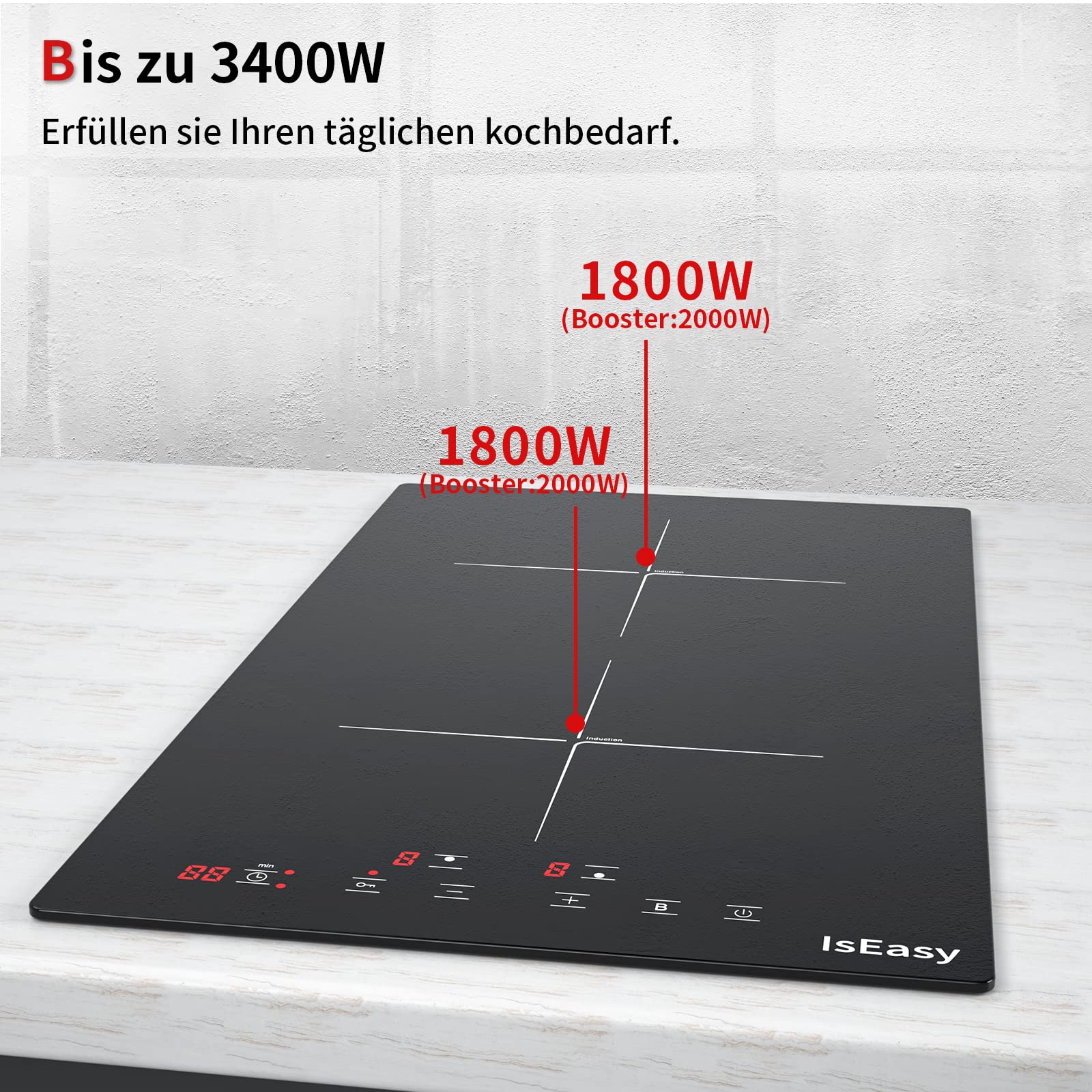 Plaque à induction IsEasy, 2 zones, 3400 W, commandes tactiles, 9 niveaux de puissance, fonction Boost, 220-240 V