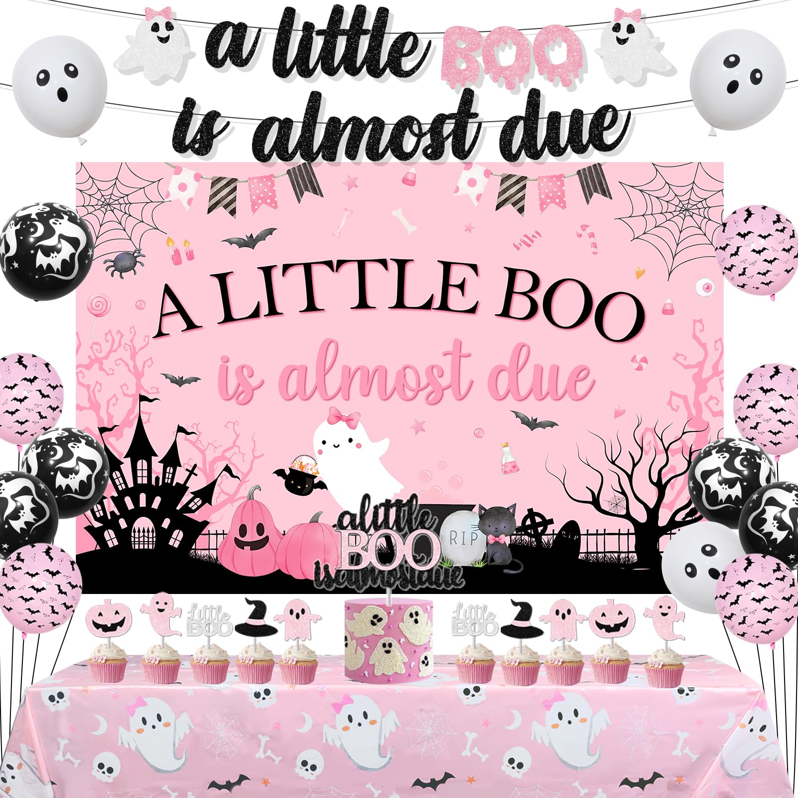 Balterever Halloween Baby Shower Decoration for Girls Pink Black a Little Boo is Almost Due Baby Shower Banner Backdrop Cake Toppers Halloween Tablecloth for Gender Reveal