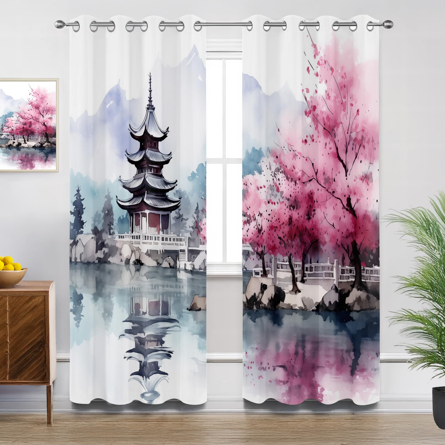 Japanese Kitchen Curtains for Windows - Cherry Blossom Watercolor Landscape Blackout Eyelet Curtain 54 Drop, Short Curtains for Bedroom, W46 X D54, 2 Panels Drapes Home Decor