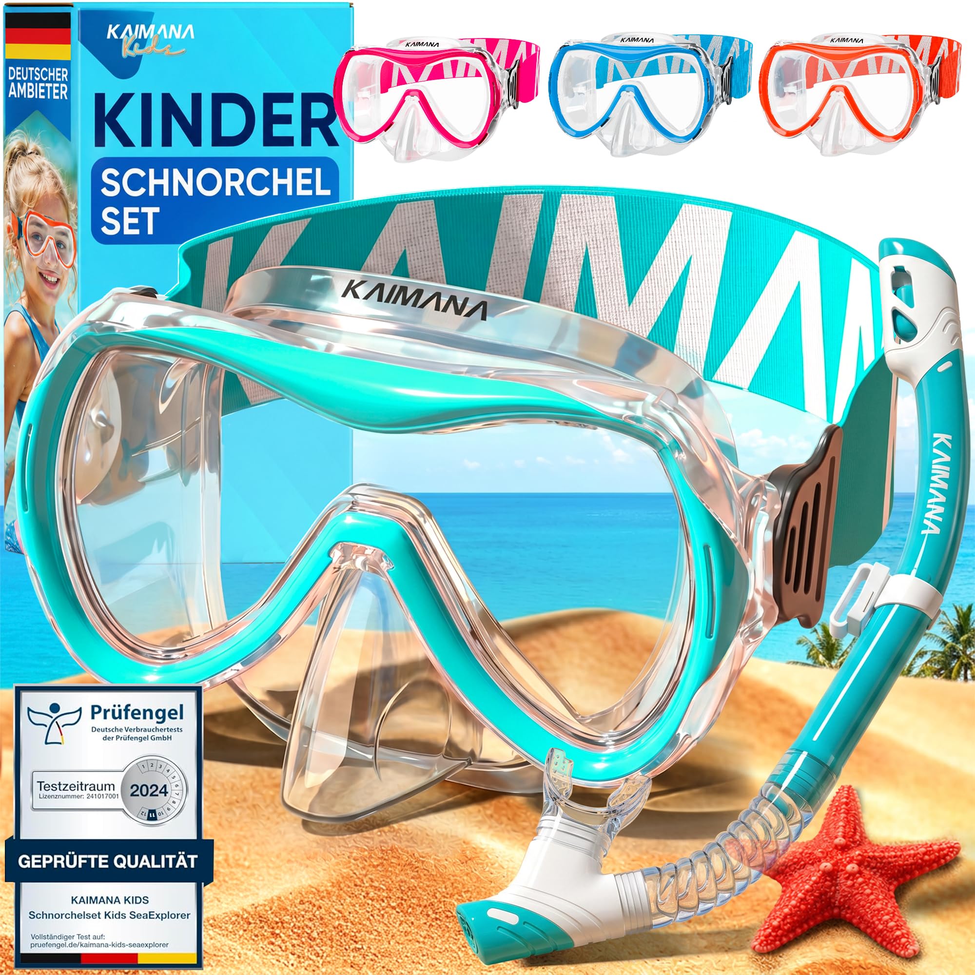 Das Neue KAIMANA® SeaExplorer Schnorchelset Kinder + Tragetasche, Taucherbrille mit Schnorchel, Taucherbrille Kinder, Alternative zur Schnorchelmaske Kinder, Taucherbrille mit Stoffband/Silikonband