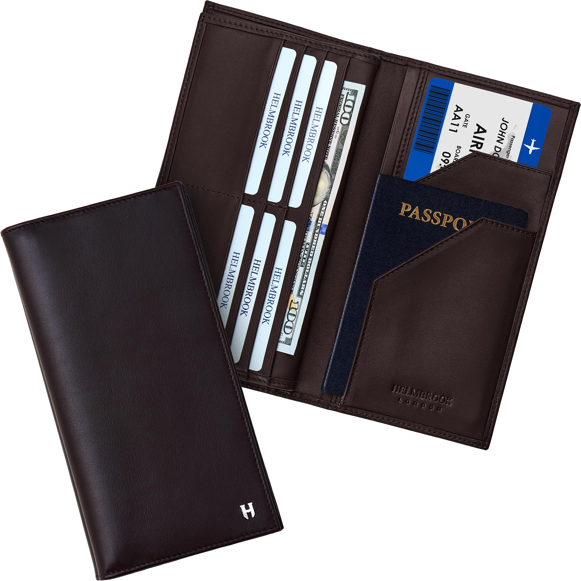 Cartera de viaje RFID para pasaporte con 4 compartimentos y 12 tarjeteros, hecha de cuero vacuno de grano completo hecho a mano, Marrón, Classic