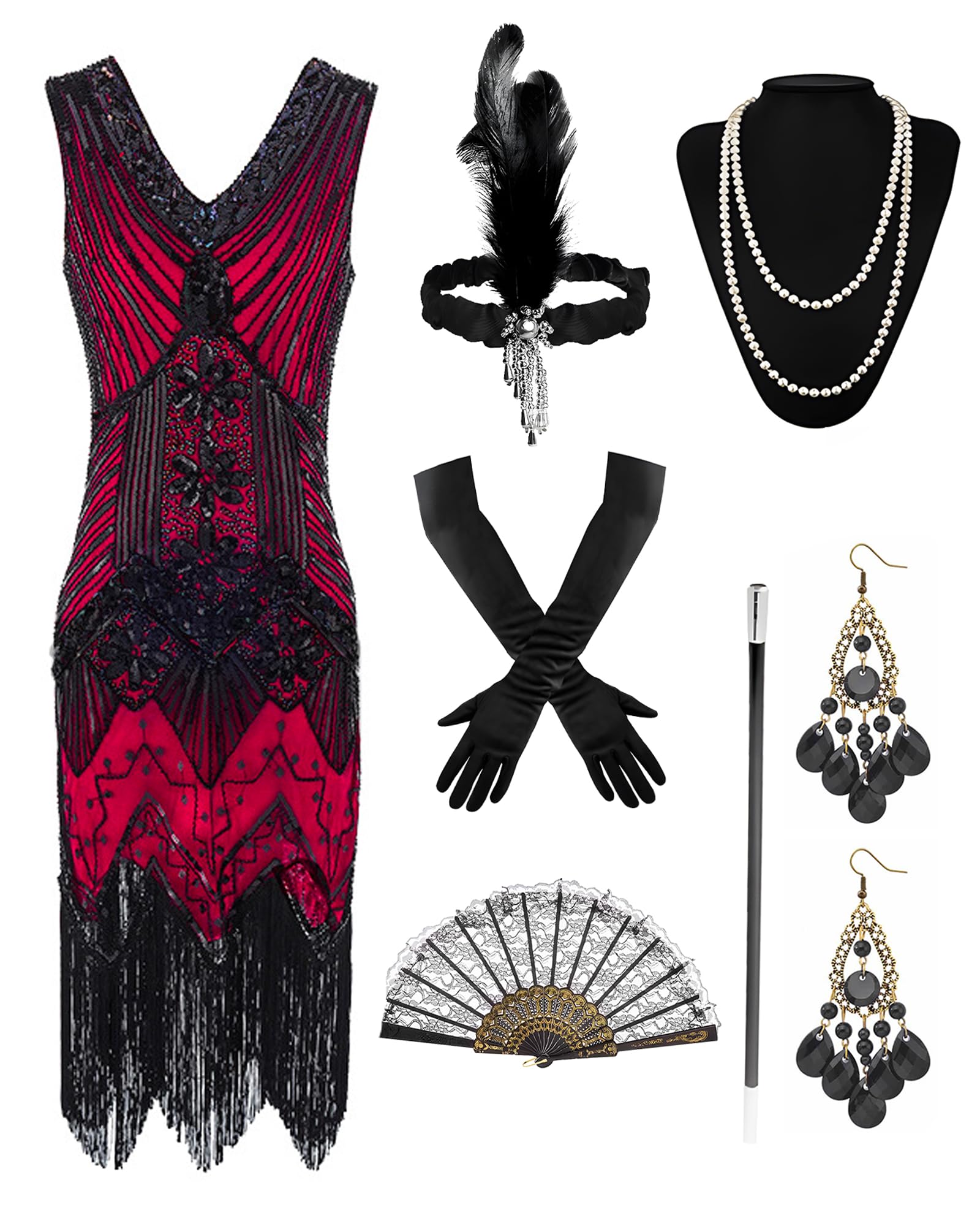 BIQIQI Vestido Años 20 Mujer Gran Gatsby, Disfraz Sexy Mujer Con 1920s Flapper Accesorios Set, Vestido Charleston Mujer Años 20 Flecos y Lentejuelas para Fiesta, Carnaval