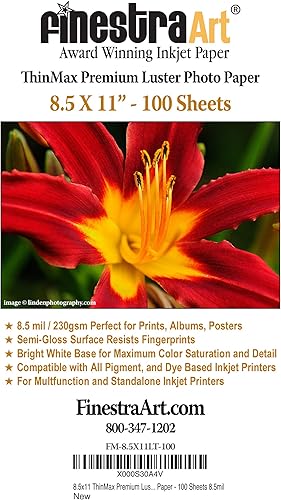 ThinMax Premium Luster - Papel fotográfico para inyección de tinta (8.5 x 11 pulgadas), 100 hojas