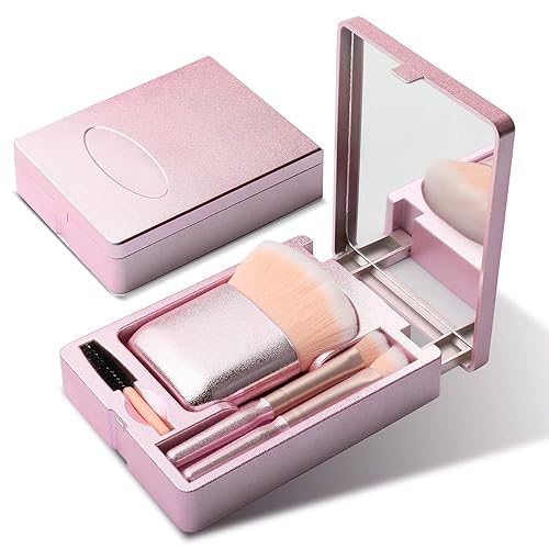 Bling Toman Mini brochas de maquillaje de viaje con espejo, juego de 4 brochas cosméticas de función completa, kit de brochas de maquillaje,