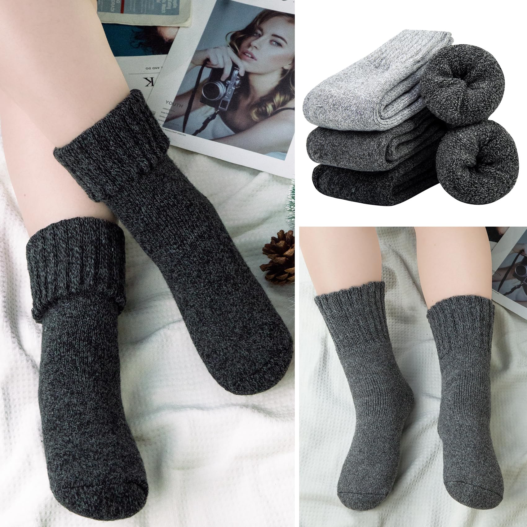 Chalier Finery 3 Paias Calze Antiscivolo Calzini di lana maglia, Calze Antiscivolo Invernali Donna/Uomo, Calzini di Lana Termici Sono un Ottimo Regalo, EU42-46