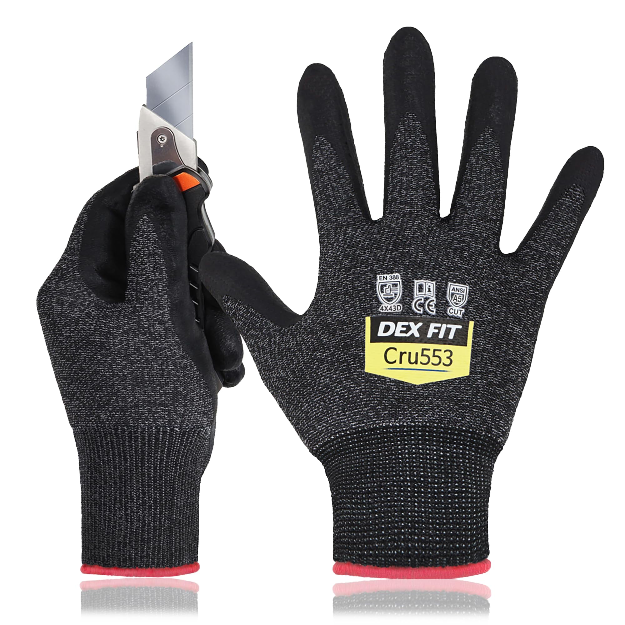 DEX FIT Level 5 Cut Resistant Gloves Cru553, 3D-Comfort Stretchy Fit, Power Grip, Professional Grade, Thin, Touch-Screen Compatible, Durable, Machine