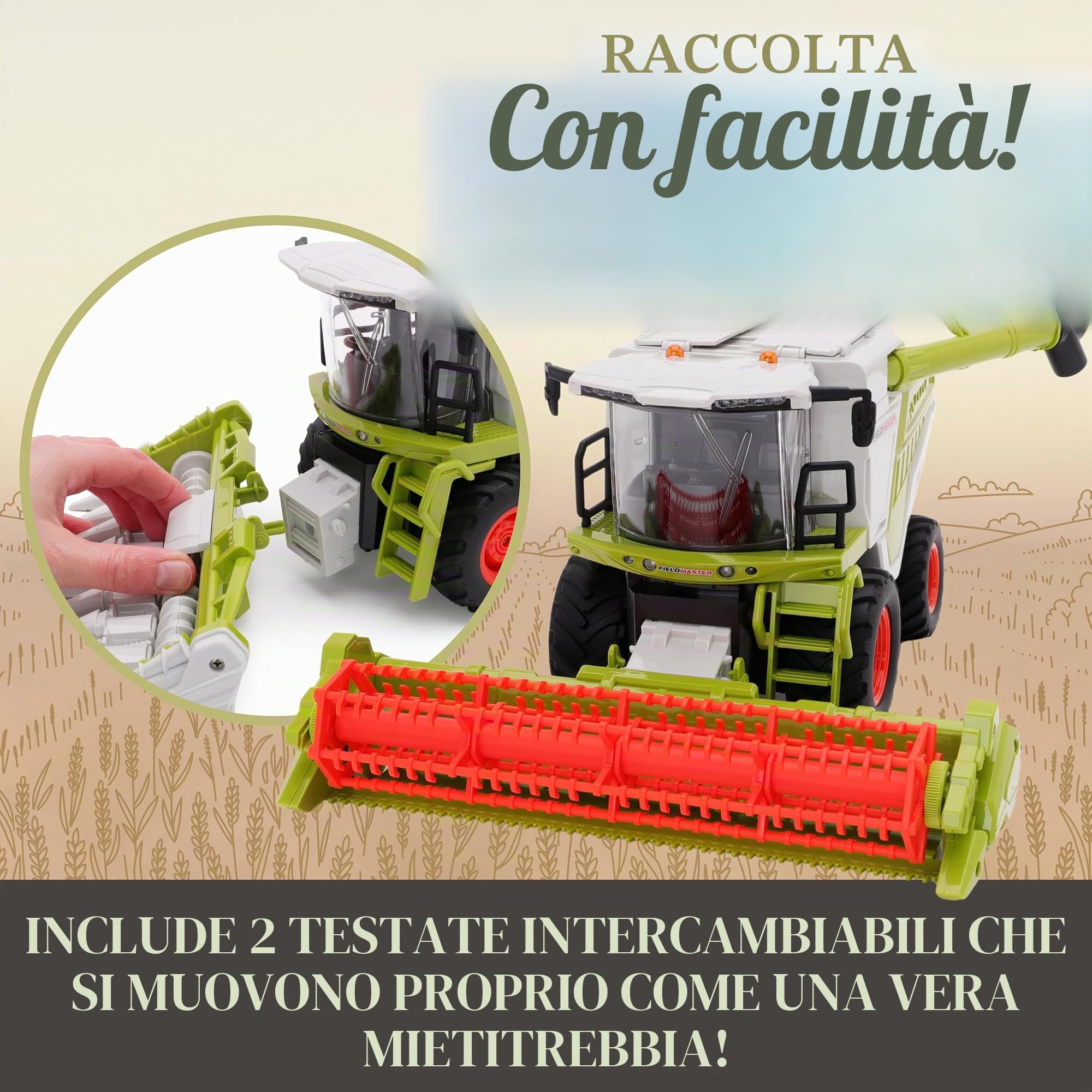 Toyland® 31cm (12") Mietitrebbia telecomandata con luci, suoni ed effetto fumo - 2 accessori per la raccolta inclusi - Giocattoli agricoli - Scala 1:24