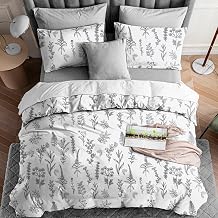MUXHOMO Duvet Cover Quen Size, Reversible Printed Print Duvet Cover Floral Botanical 3 Pieces, Microfiber Soft Queen Bedding Set with Zipper Closure 4 Ties and 2 Pillow Cases(White, 90"×90")