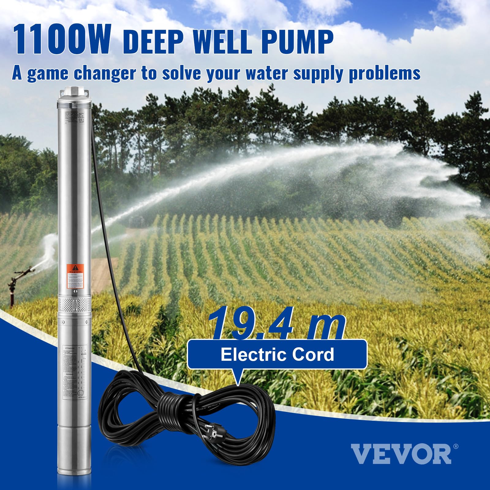 VEVOR Pompe Immergée pour Puits Profond, 1100 W, Pompe à Eau Acier Inoxydable, Débit 7,1 m³/h, 105 m, avec Cordon Électrique 19,4 m, Pompe Étanche IP68 pour Usage Domestique, Irrigation Industrielle