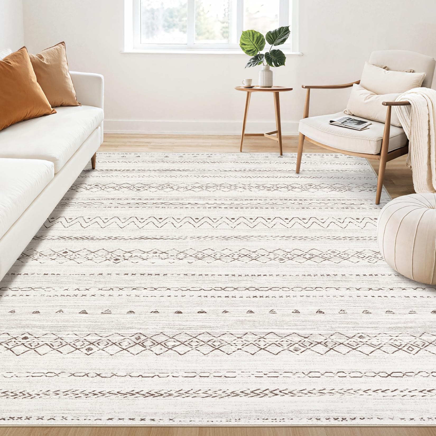 Large Living Room Area Rug 7x9: Soft Machine Washable Boho Moroccan Farmhouse Rugs for Bedroom Under Dining Table - Non-Slip Neutral Morden Indoor Floor Rug Carpet for Home Office Decor - Brown