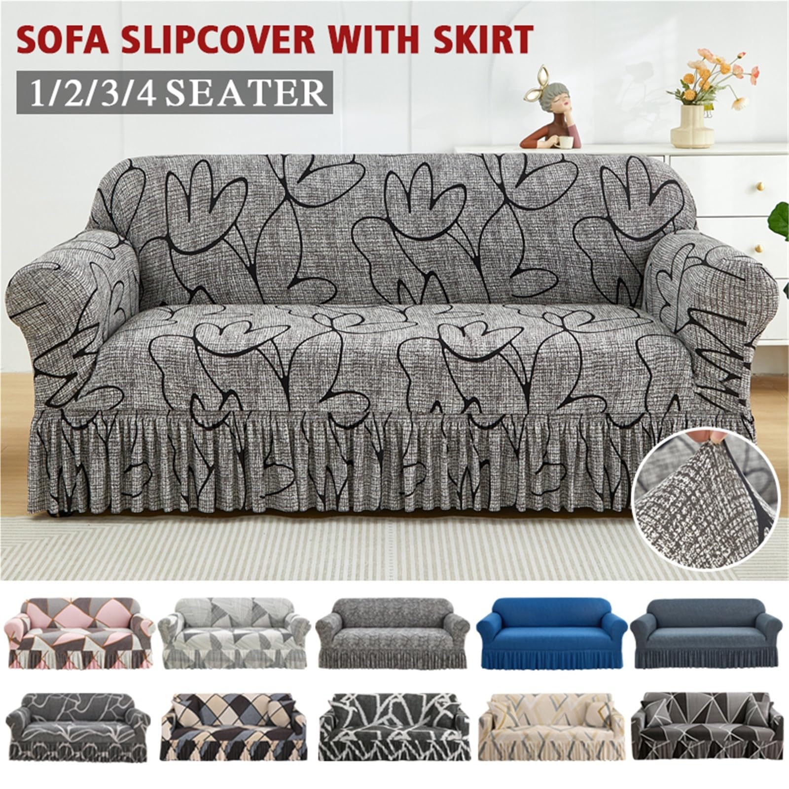 Printed Ruffled Skirt Sofa Covers for Living Room Stretch Couch Cover Furniture Protector Easy Fitted Washable Gonna copertura divano(Color 31,3-seater 190-230cm)