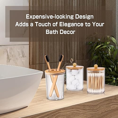 Miniatura 4 de ALPIRIRAL Juego de accesorios de baño de bambú, 5 piezas, juegos de accesorios de baño bohemios completos, dispensador de jabón de baño transparente