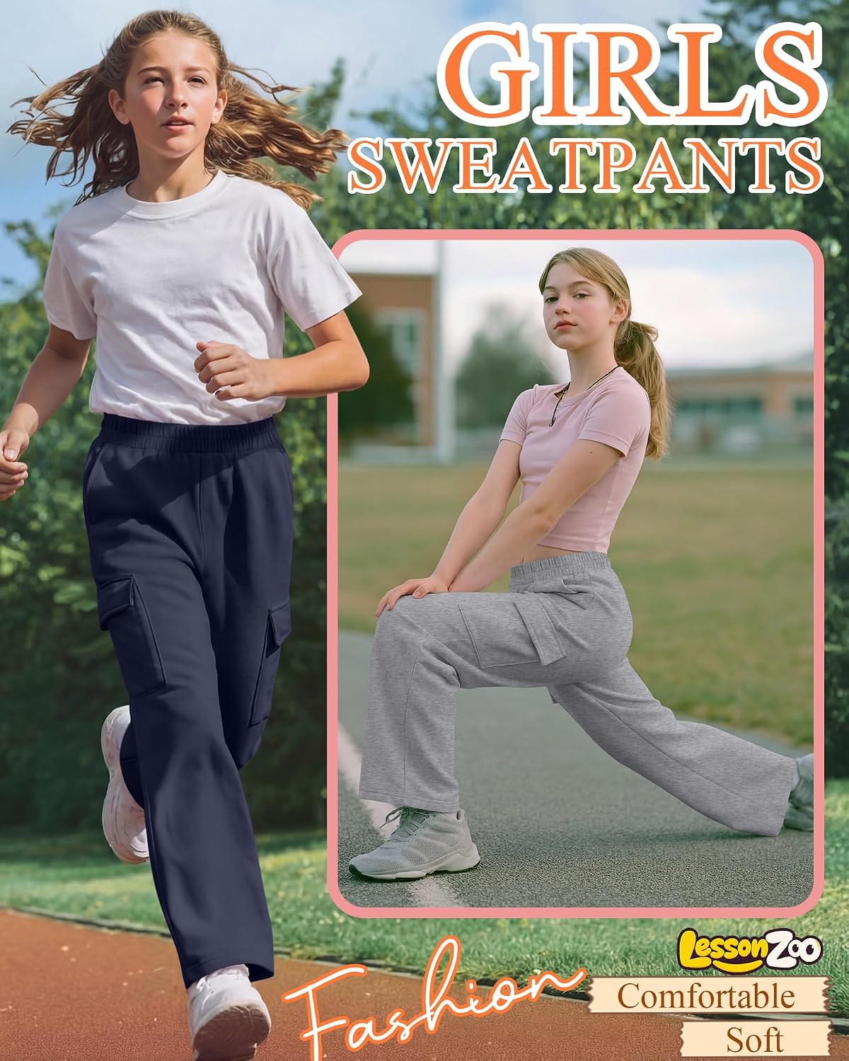 3 Pack Girls' Cargo Sweatpants Elastic Waist Straight Leg Joggers Athletic Casual Basic Pants with 4 Pockets