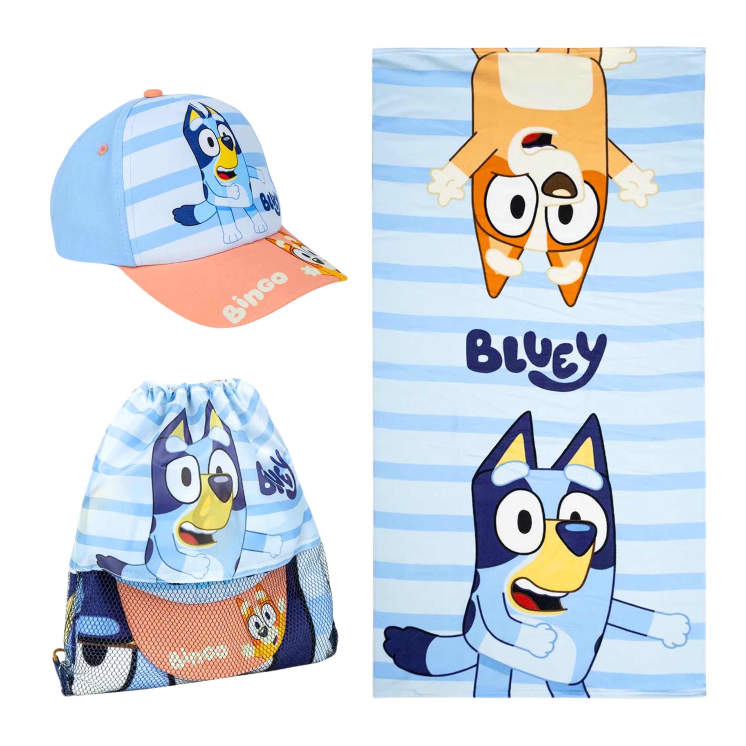 Bluey Gorra de Beisbol Toalla y Mochila Saco Cuerdas Cordón, Set 3 Piezas Infantil, Regalo de Verano Playa Piscina Excursiones para Niños y Niñas