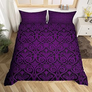 Erosebridal Purple Black Ombre Floral Bedding Set for Girls Women Queen,Gothic Baroque Damask Comforter Cover Bohemian Exotic Duvet Cover Vintage Victorian Style Quilt Cover with 2 Pillow Cases