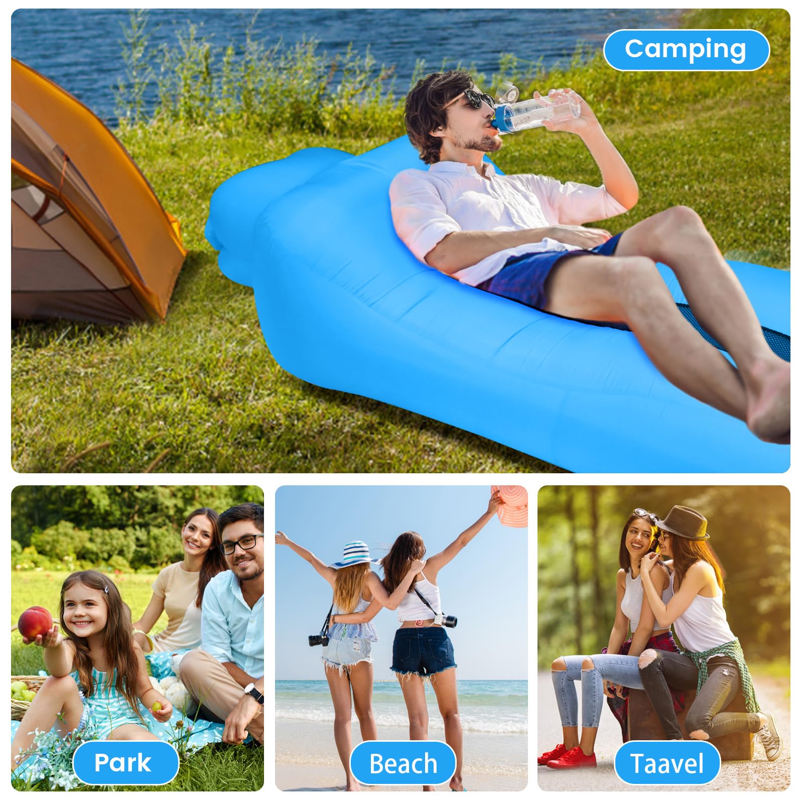 LiveGo Inflatable Lounger - Portable Air Sofa For Beach & Camping (Blue)