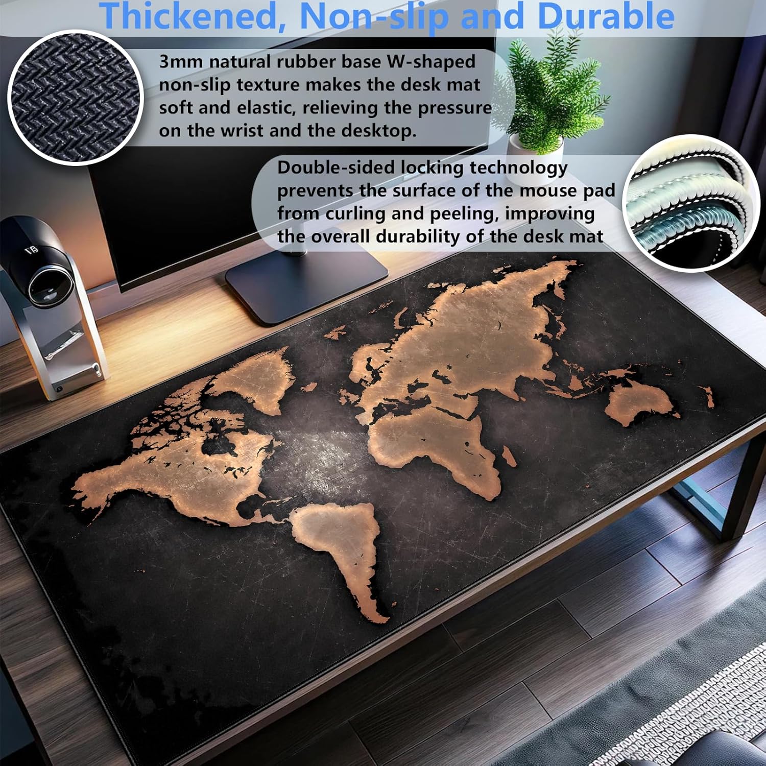 World Map Gaming Mouse Pad XXL Large Vintage Style Full Desk Mat Extended Keyboard Pad with Stitched Edges, Non-Slip Base (31.5" x 15.7") - Image 3