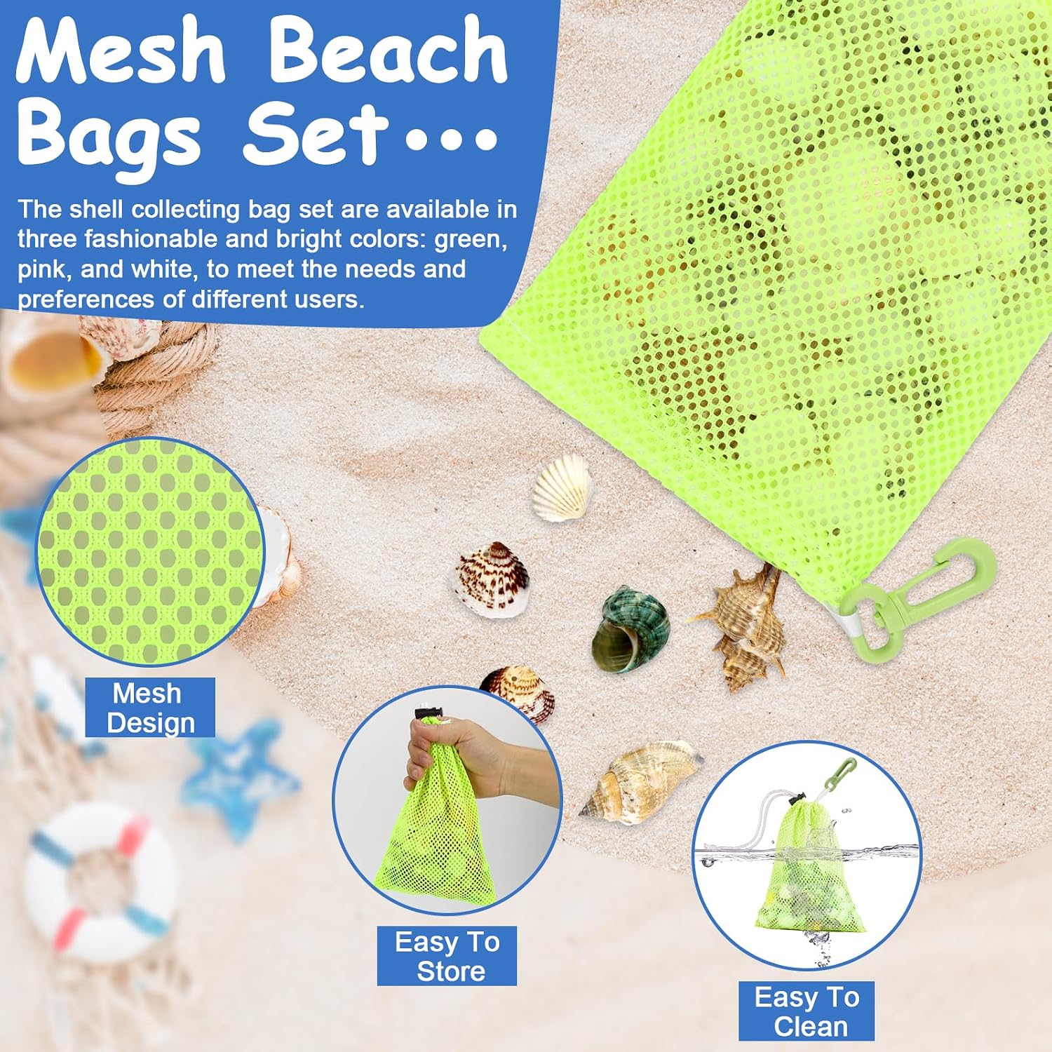 1 PC 5.9 x 8.3 Inch Green Mesh Beach Bags For Kids Seashell Bags With Clip And Toggle Closure For Beach And Box Toy With Toddler Must Haves Vacation Essentials(Only Bag) (Green)