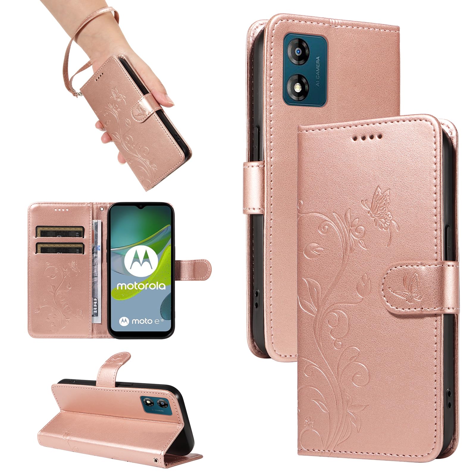 HAOYE Cover per Motorola Moto E13 Cover, Custodia Chiusura Magnetica Flip Case Stile, Pelle PU/TPU Farfalla Sbalzato con Supporto di Stand/Carte Slot. rosa