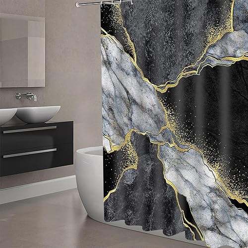Miniatura 7 de Domoku Cortina de ducha de mármol negro y dorado, líneas agrietadas negras y doradas, cortina de ducha moderna abstracta para decoración de baño,