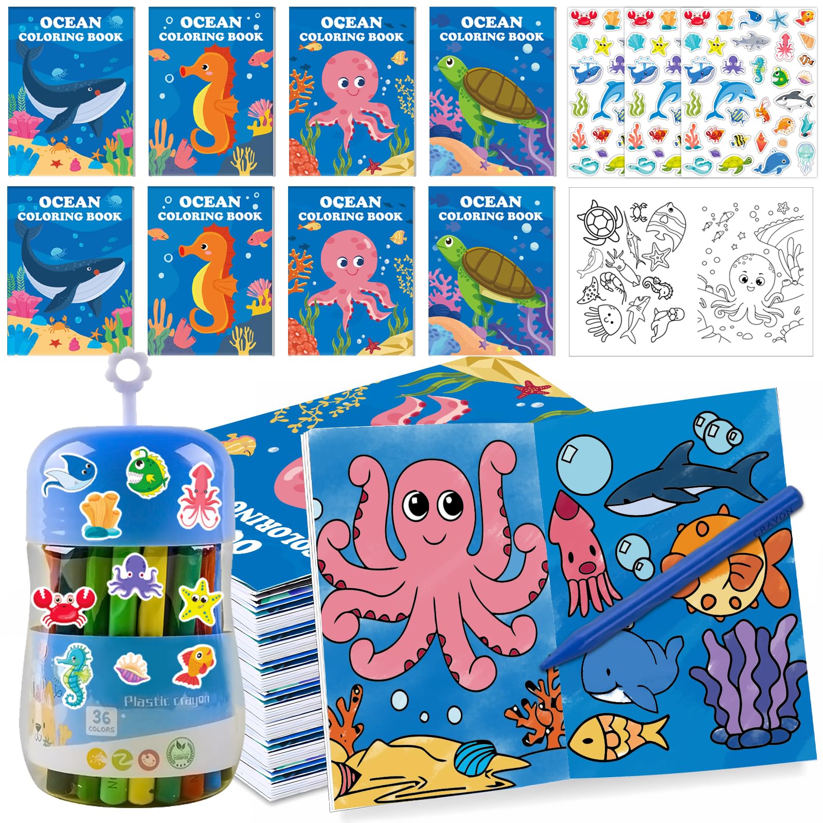 WPDISCZ 54Pcs Ocean Animals Crayon Coloring Book Set 36 Color Toddler Crayons, Under The Sea Animal Theme Shark Seahorse Octopus Turtle Books &
