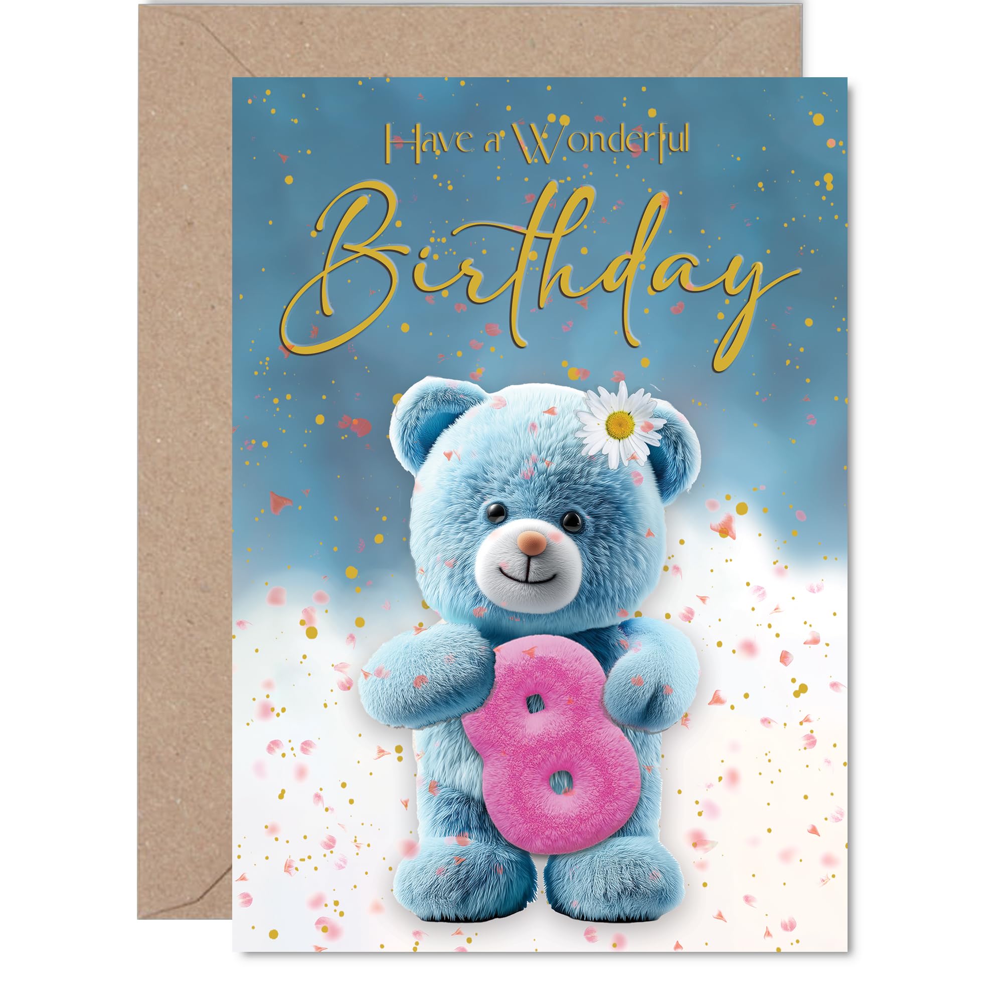 Cute 8th Birthday Card - Bursting with Birthday Cheer - Blue Teddy Bear Hugs a Pink Number 8, Confetti and Flowers All Around - A5, Envelope Included