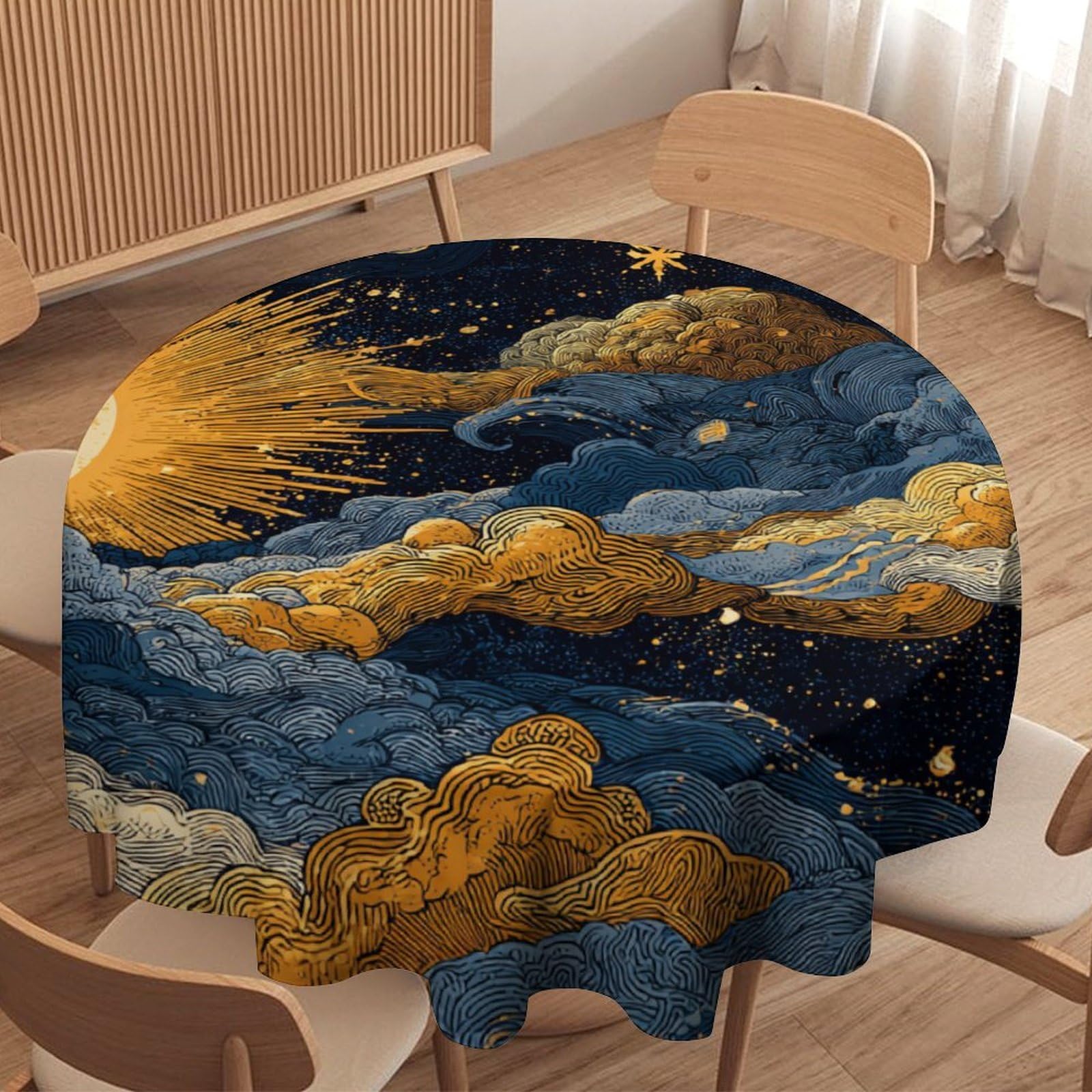 LUYYSKY Modern Fantasy Woodland Forest Round Tablecloth Vintage Aesthetic Galaxy Star Cloud Pattern Washable Decor for Table Cover for Kitchen-177.8" Wx177.8 L cm