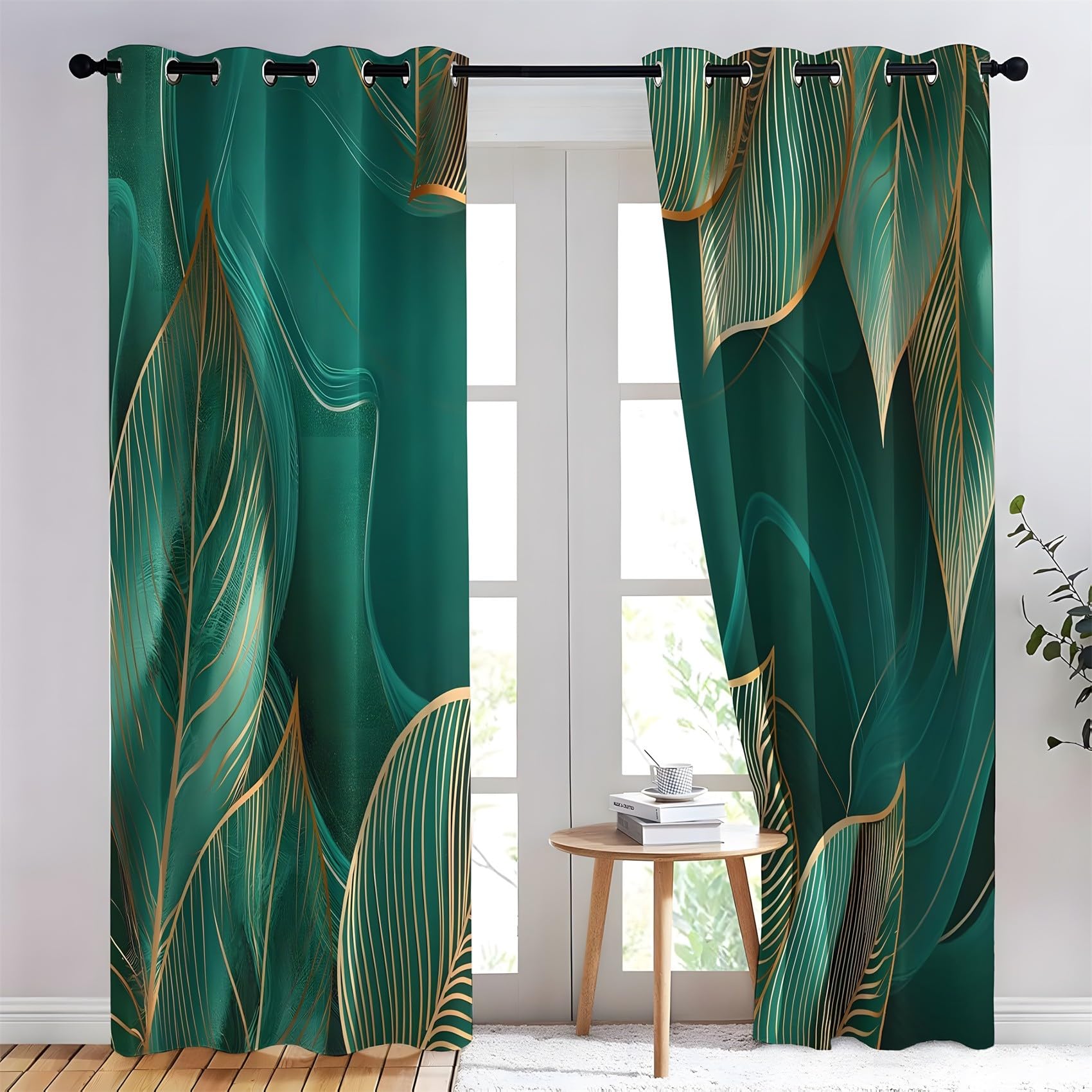 KaiHeBeding Gold Leaf Pattern Blackout Curtains for Bedroom - Modern Nordic Style Living Room Curtains 90x108 Eyelet - Soft Thermal Insulated Patterned Drapes for Windows - 2 Panels