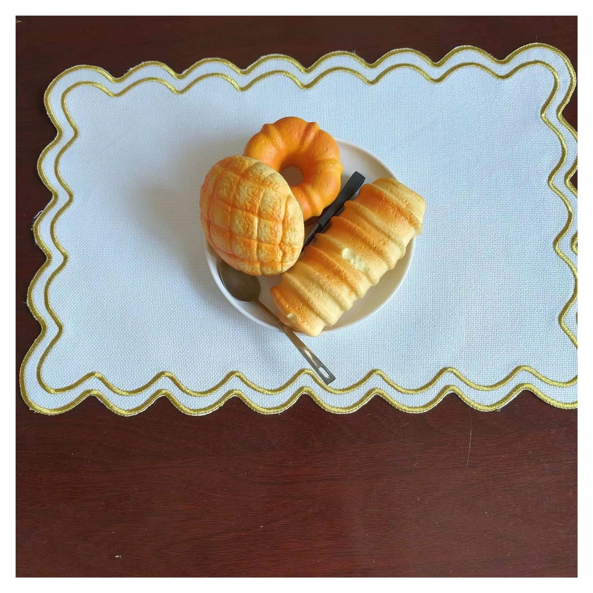 Place Mats for Table Cotton Linen Placemats, 13x19 Inch Scalloped Wavy Embroidery Placemat Washable Rustic Rectangle Dinner Table Mats For Kitchen(COLOR1,STRIP_6PCS)