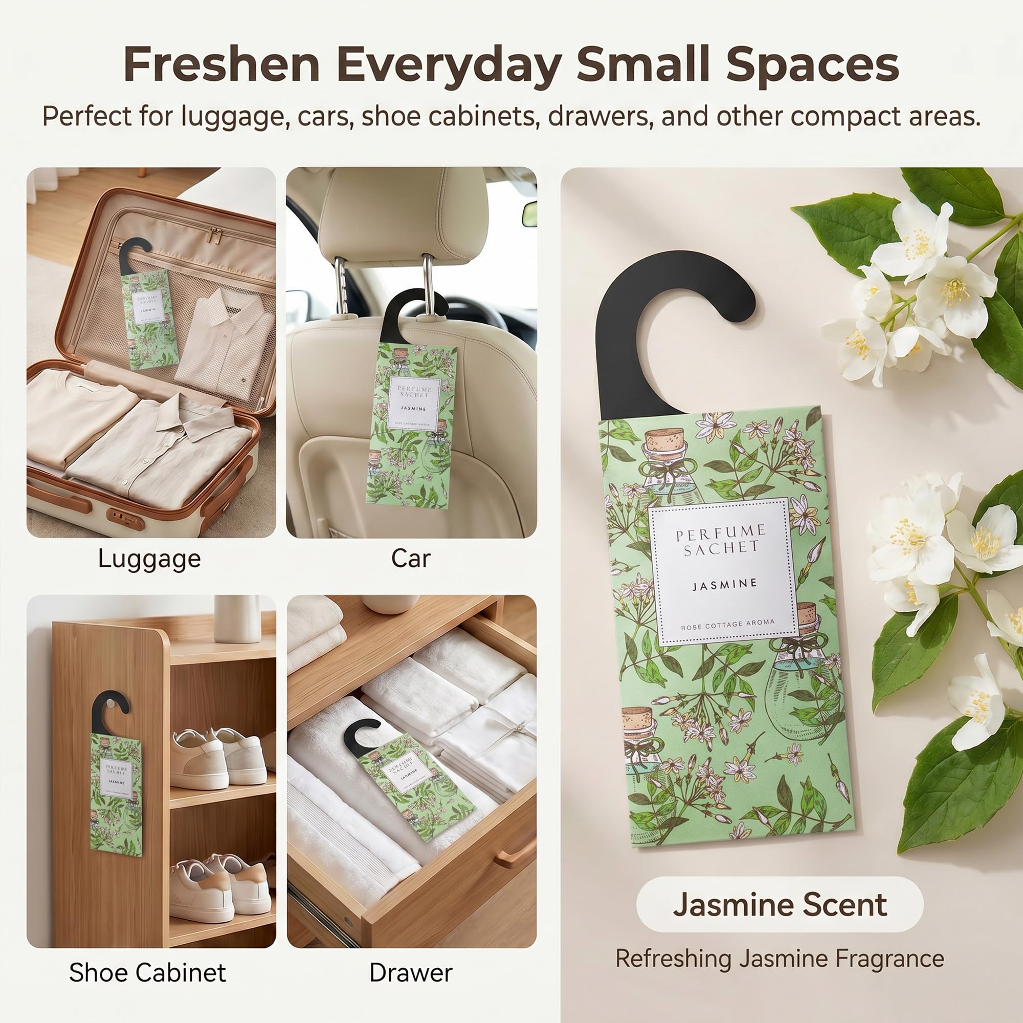 ROSE COTTAGE 12 Packungen Duftsäckchen für Schubladenerfrischer, Schrank-Lufterfrischer, Heimduft, Kommoden-Schubladen-Beutel, Schuhschrank-Deodorizer Lufterfrischer mit Aufhänger Jasmin