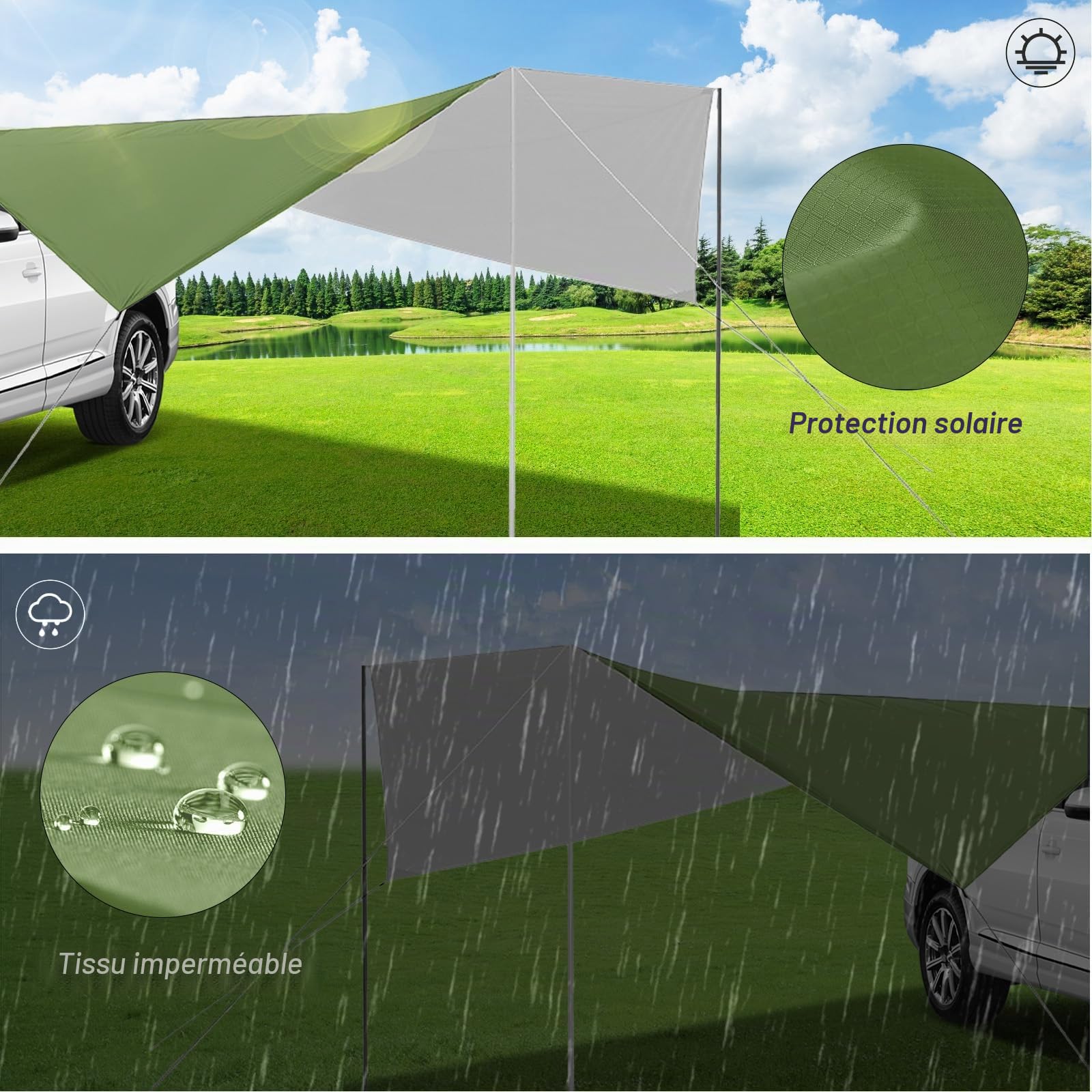 Auvent et voiture Tente de hayon universelle 280 * 380 cm, auvent de caravane et camping-car, pare-soleil pour voiture, van, camion (Vert)