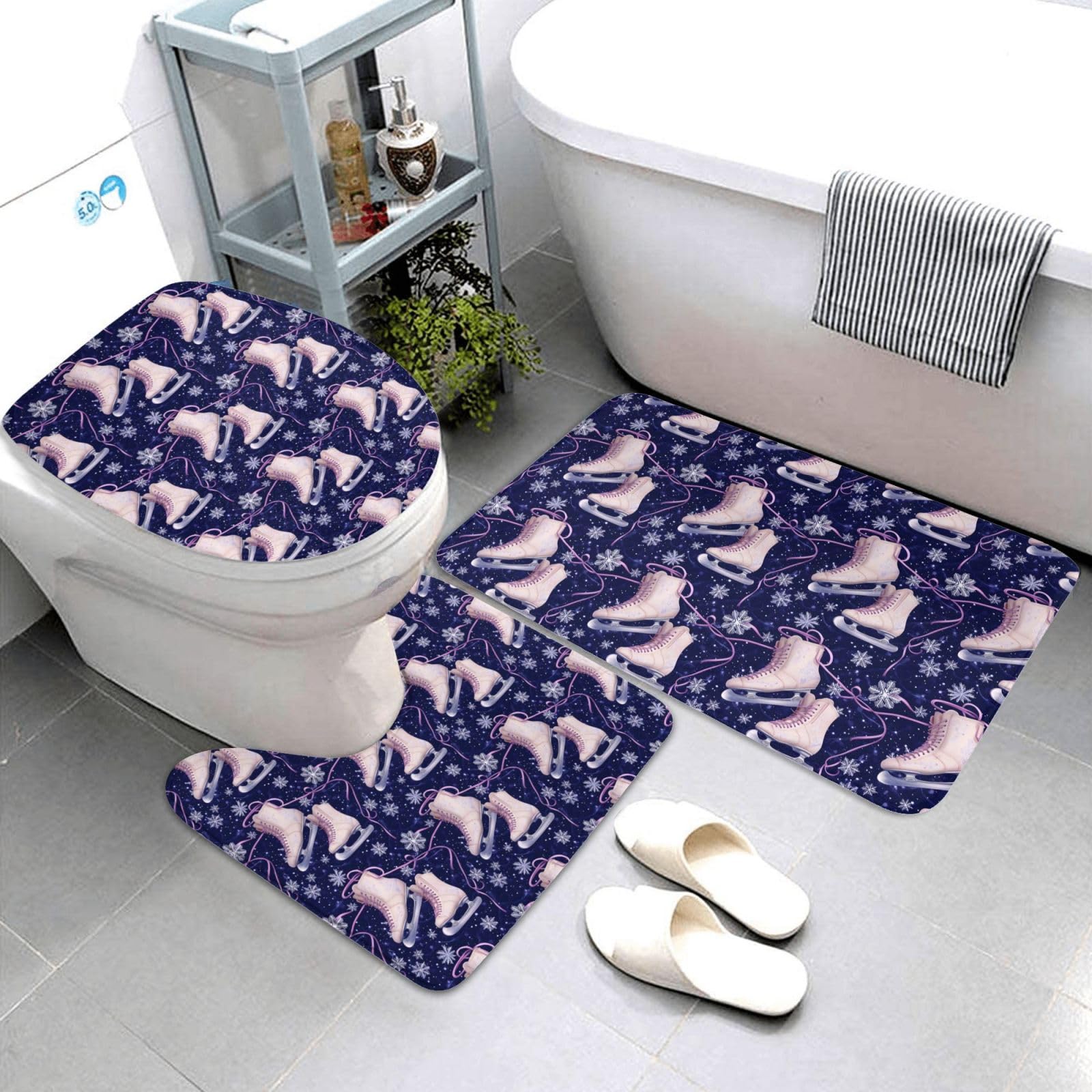 Tapis de salle de bain 3 pièces rose antidérapant et lavable motif flocons pour WC