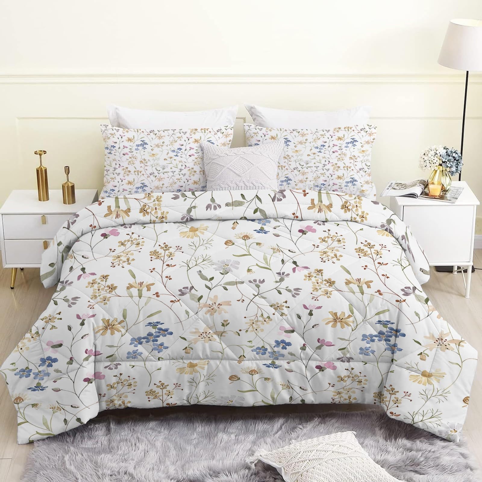 Couette Imprimée Floral D'Été 4 Saisons Blanc Sans Housse Couette 2 Personnes en Microfibre Réversible Ultra Douce Lavable en Machine
