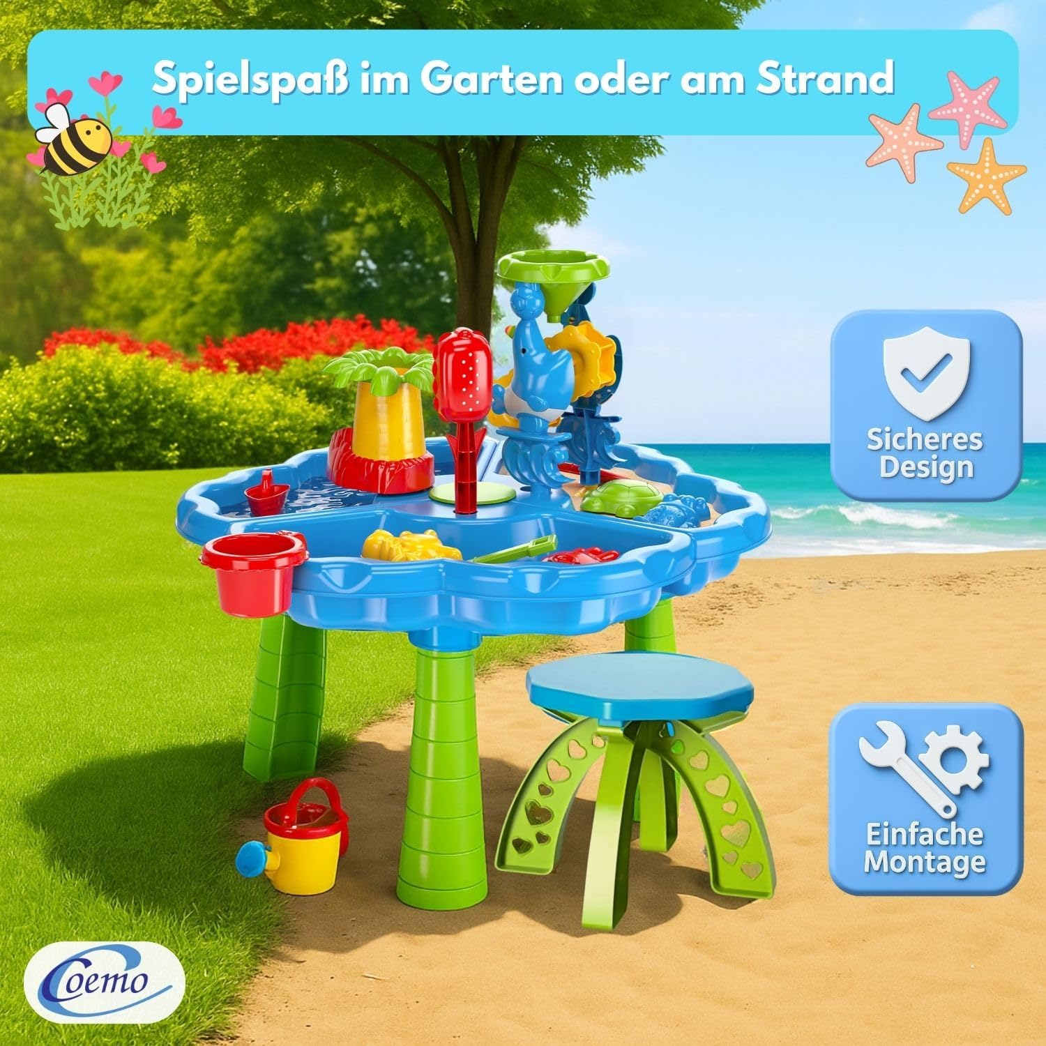 Sand- und Wasserspieltisch NARIUS XL, 3 separate Wasserbecken, 1 Hocker, Wassertisch Kinder Outdoor für Wasserspiele draußen, Balkon und Garten, Matschtisch mit Sandkastenspielzeug, Plantschtisch