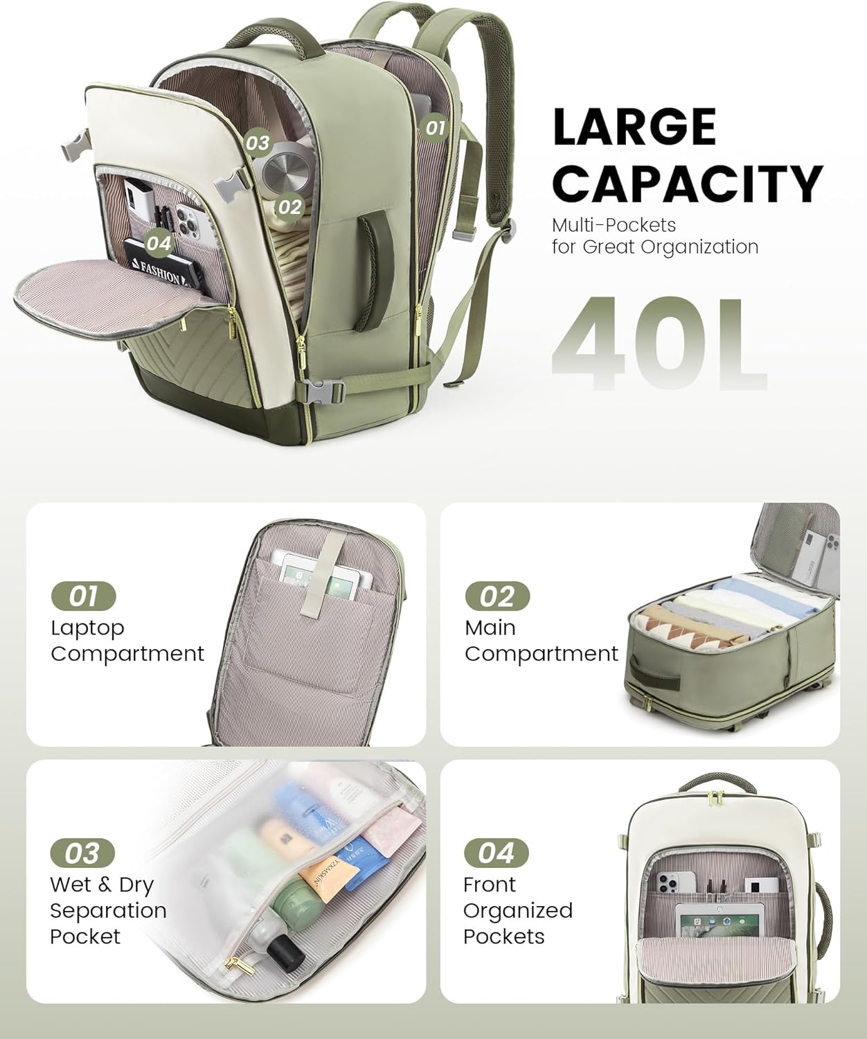 LOVEVOOK Large Travel Backpack for Women, TSA Carry on Backpack for Airplanes, 40L Personal Item Travel Bag for Women fits 17" Laptop,Waterproof Carry on Bag Airplane Approved with 3 Packing Cubes - Image 3