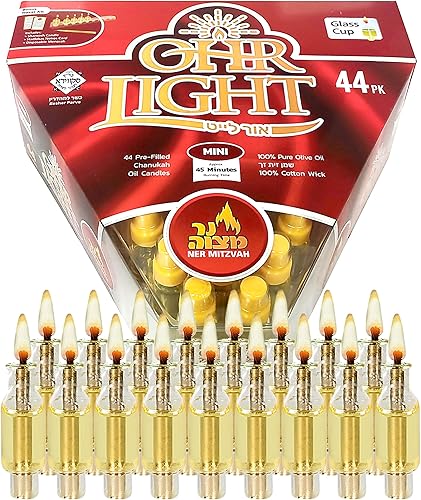 Ner Mitzvah Vasos de aceite de menorá de Hanukkah prellenados, tazas de menorá de aceite de oliva 100% con mecha listas para usar, luces Ohr